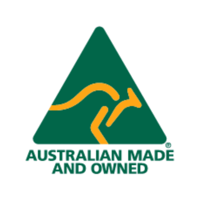 Logo with a green triangle and kangaroo illustration, featuring 'Australian Made and Owned' text.