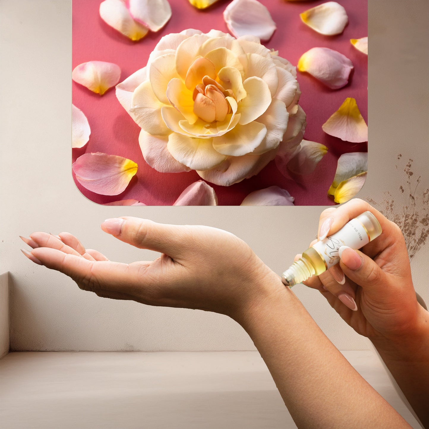 Applying LeScent Angelica roll-on perfume oil on wrist beside a blooming ivory flower with scattered rose petals, inspired by Yves Saint Laurent Supreme Bouquet.