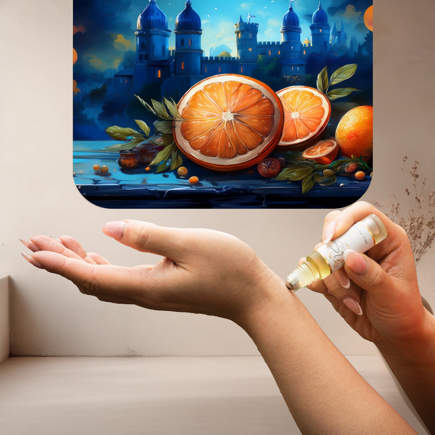 Applying LeScent Blue Sapphire perfume oil, a fresh and woody citrus fragrance inspired by Bleu De Chanel EDP, to the wrist.