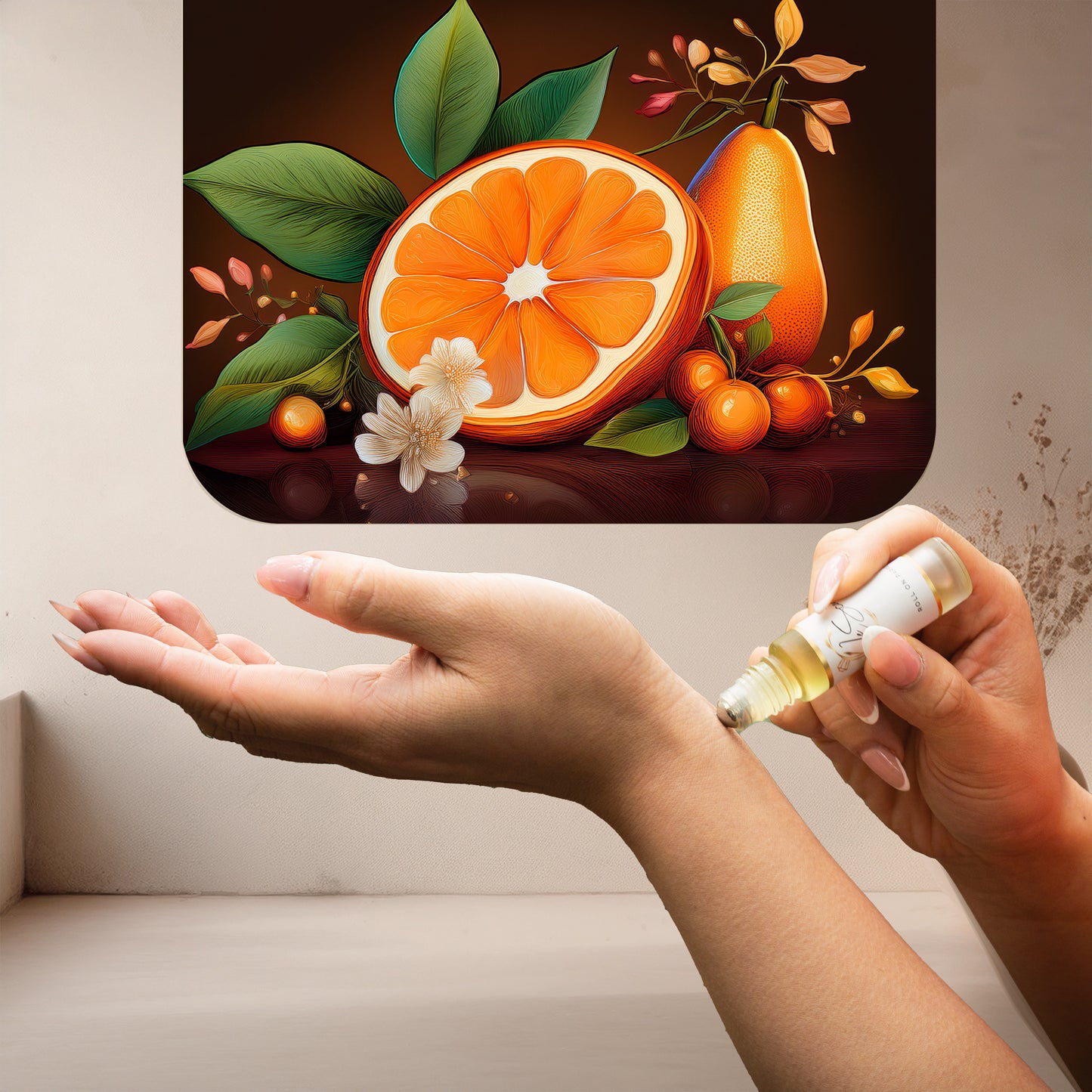 Applying LeScent Cali Love perfume oil roll-on inspired by Louis Vuitton California Dream — bright mandarin, pear and citrus notes creating a luminous summer scent.