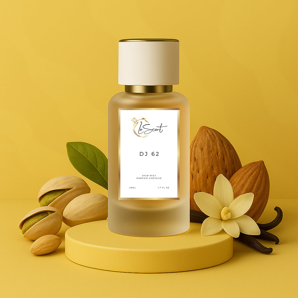 LeScent DJ 62 hair perfume mist bottle surrounded by almonds, pistachios, vanilla pods, and tropical white flowers against a golden yellow background, inspired by Sol de Janeiro Brazilian Crush Cheirosa 62.