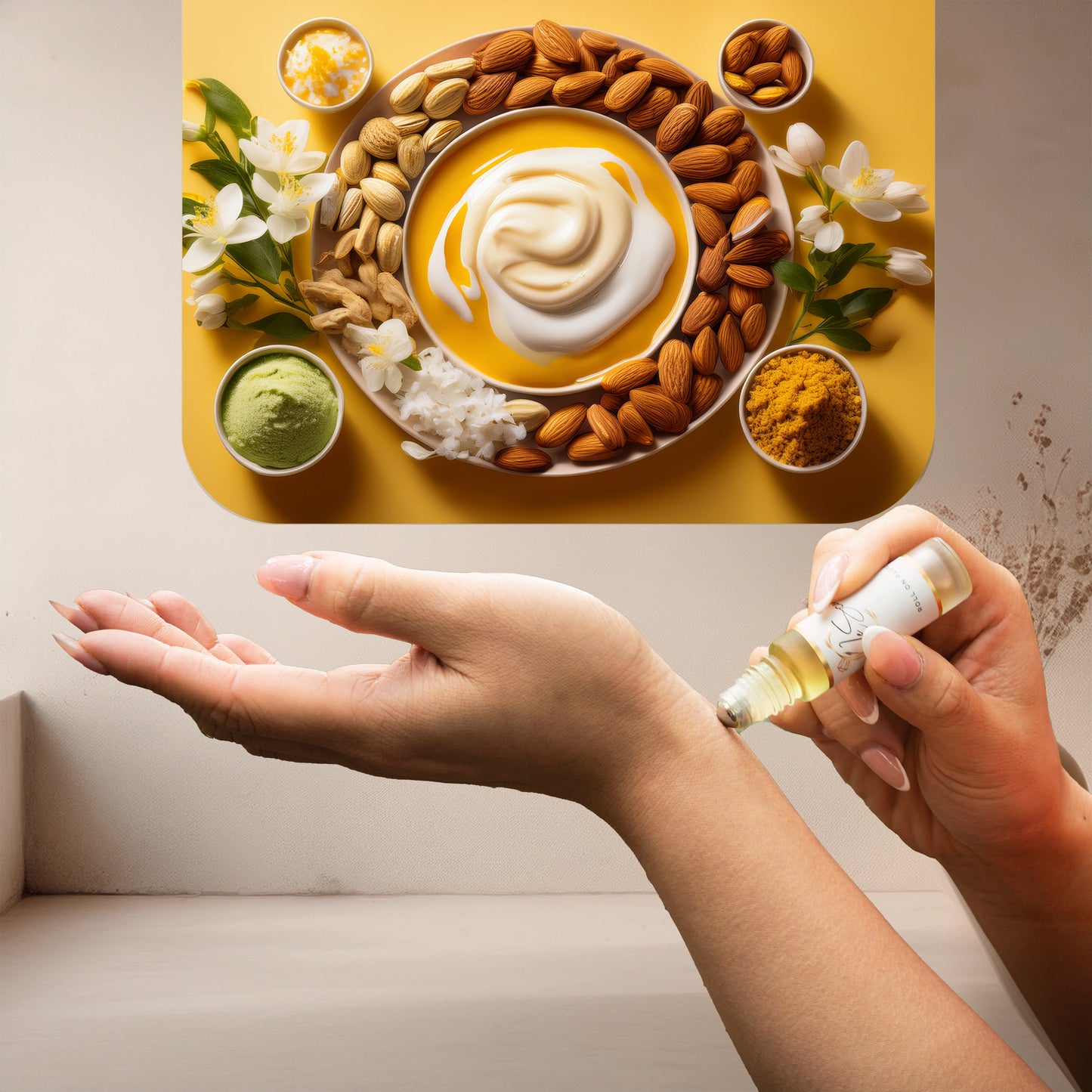 Applying LeScent DJ 62 roll-on perfume oil surrounded by almonds, pistachios, vanilla cream, and floral accents on a warm yellow background, inspired by Sol de Janeiro Brazilian Crush Cheirosa 62.