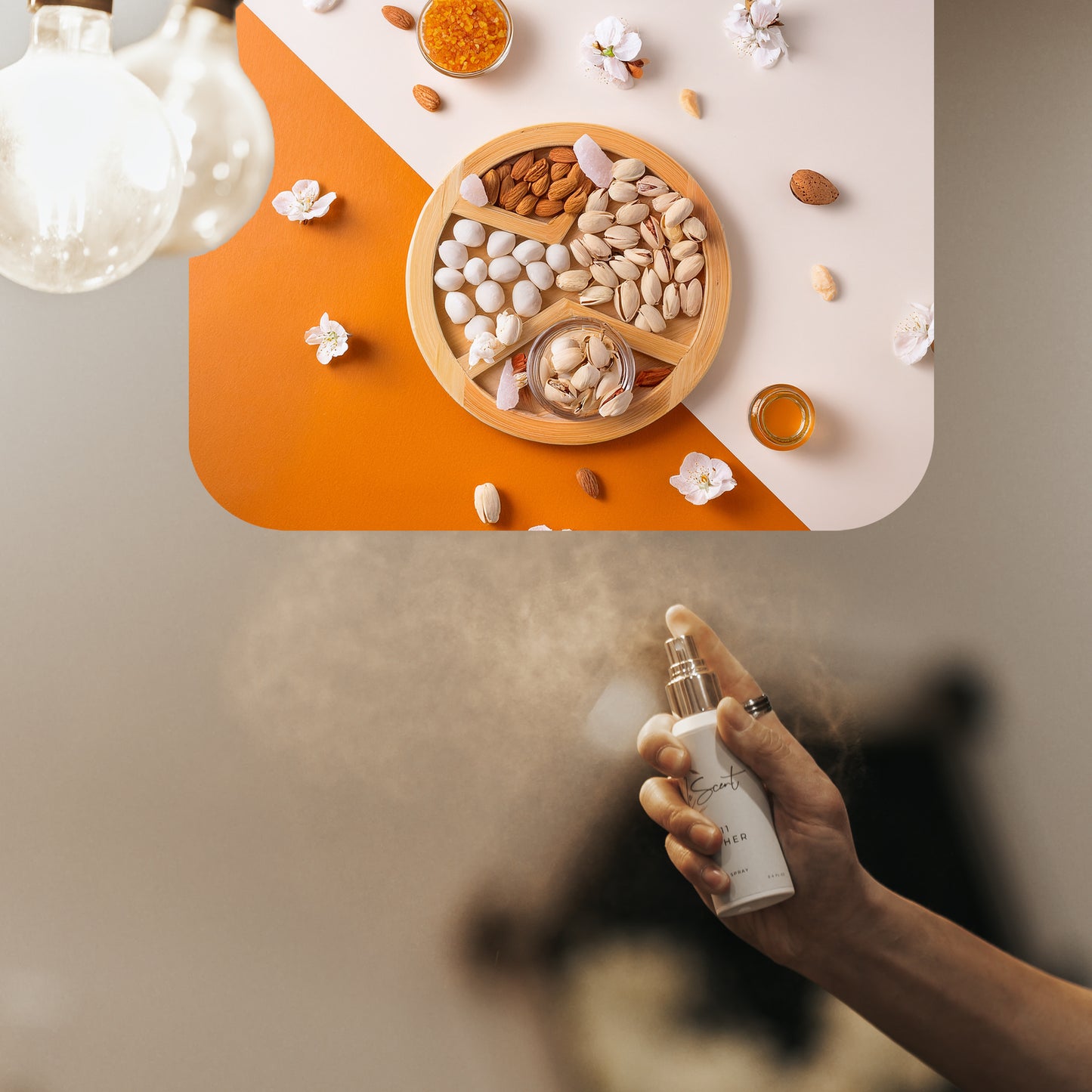 Spraying LeScent DJ 62 home fragrance freshener mist beside pistachios, almonds, and white floral petals on a sunlit orange and cream background, inspired by Sol de Janeiro Brazilian Crush Cheirosa 62.