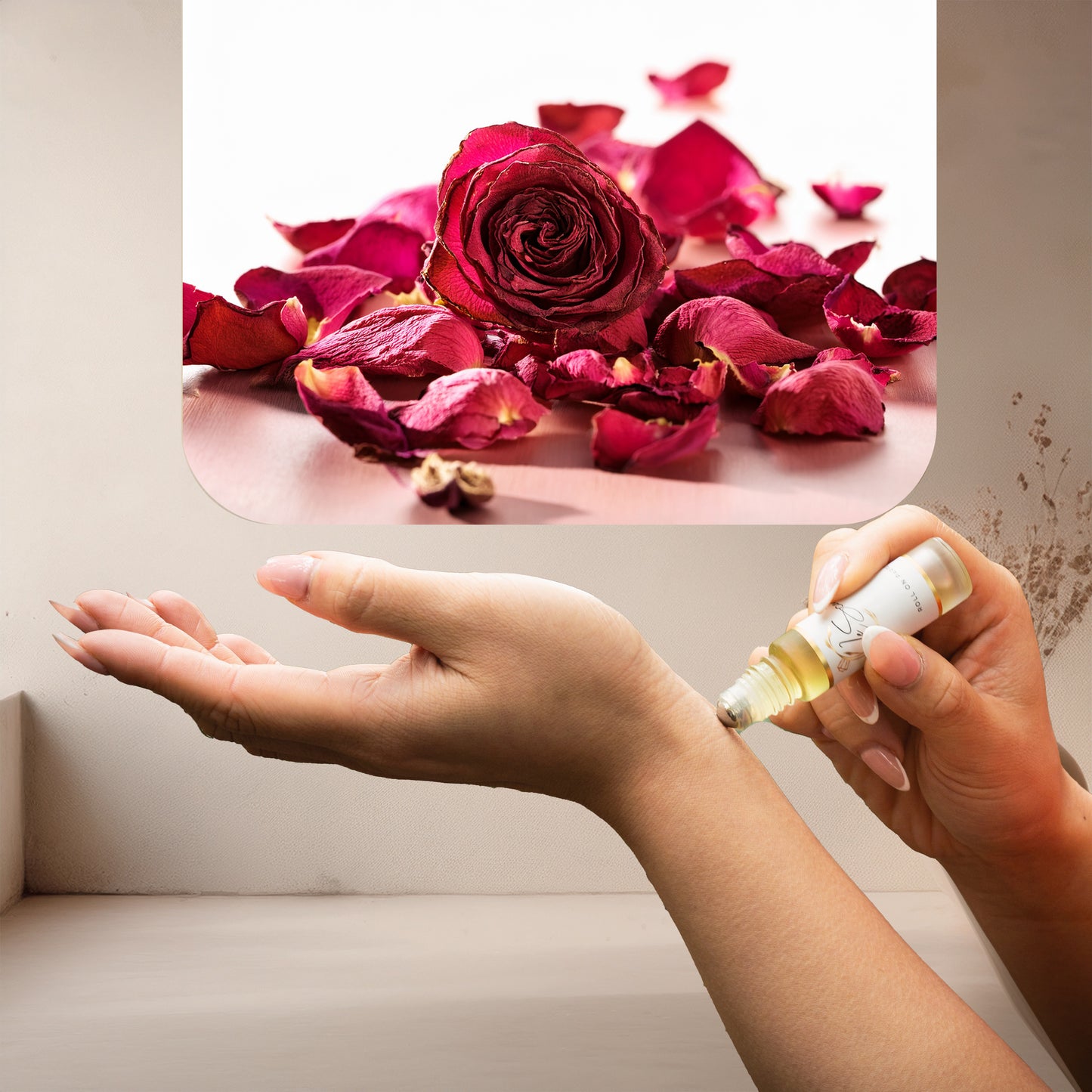 Applying LeScent Don't Let Go perfume oil roll-on inspired by Byredo Rose of No Man’s Land — delicate rose and amber fragrance with hints of raspberry for a smooth feminine touch.