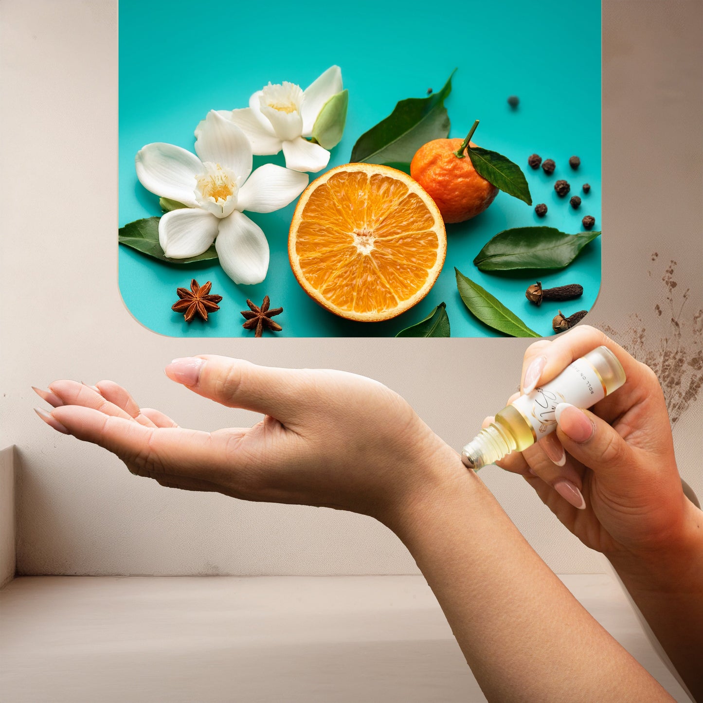 Applying LeScent Jasmine perfume oil roll-on inspired by Gucci Flora Gorgeous Jasmine — bright mandarin and white floral notes for a joyful and uplifting feeling.