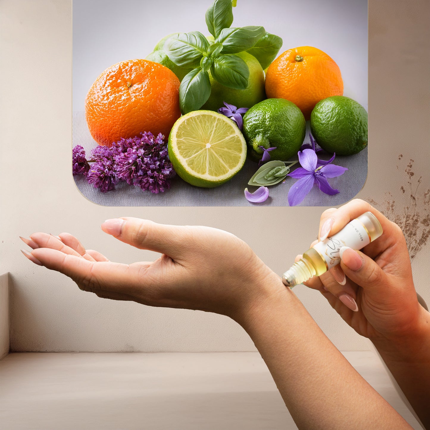 Applying LeScent LBM perfume oil roll-on inspired by Jo Malone Lime Basil & Mandarin — zesty lime and herbal basil blend with mandarin for a refreshing daily fragrance ritual.