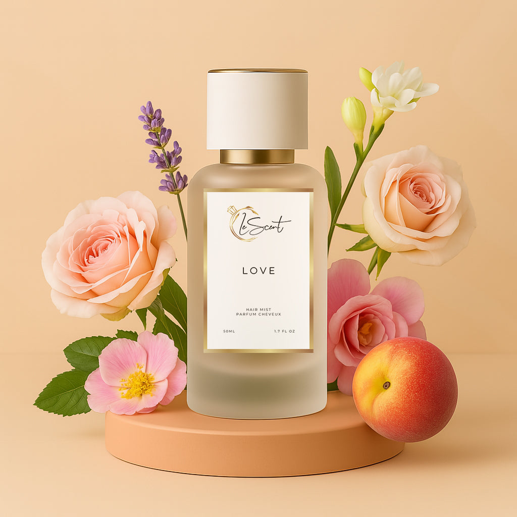 LeScent Love hair perfume mist bottle surrounded by pink roses, peach fruit, and soft floral blooms on a warm peach background, inspired by Armani Si.
