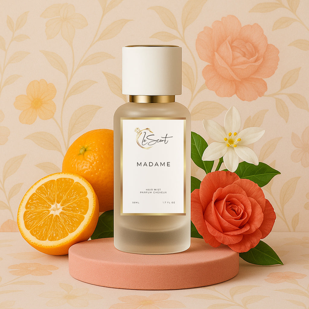 LeScent Madame hair perfume mist with ingredient notes of fresh orange and red rose, a sophisticated floral fragrance inspired by Chanel Coco Mademoiselle.