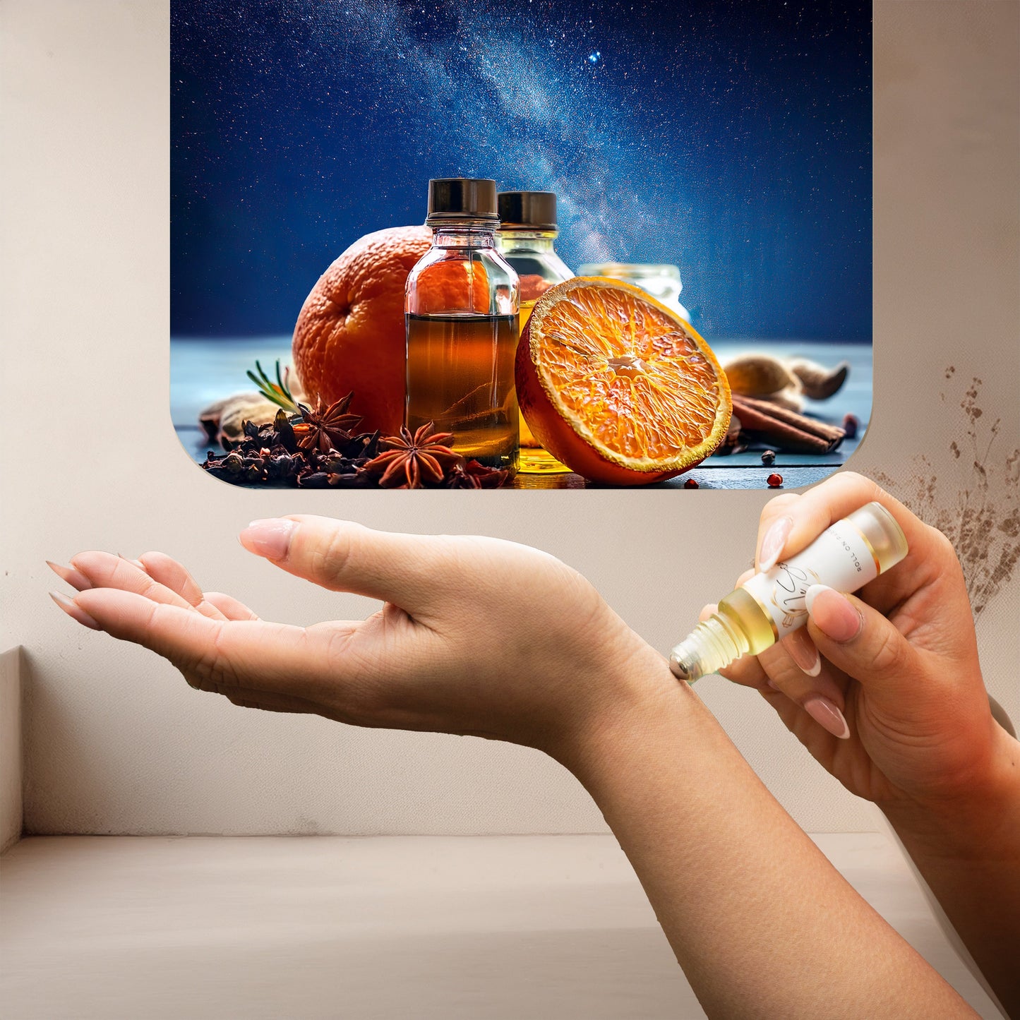 Applying LeScent Meteor roll-on perfume oil, parfum oil roller, roll on fragrance to the wrist, with visible orange slices, star anise, cloves, cinnamon and whole spices in the background, inspired by Louis Vuitton Météore.