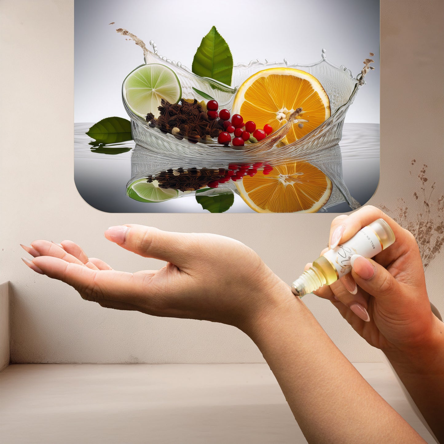 Applying LeScent Montagne perfume oil roll-on to the wrist, with a visual panel showing sliced lime, sliced orange, red berries, star anise, and fresh green leaves arranged in a clear glass splash, inspired by Creed Silver Mountain Water.