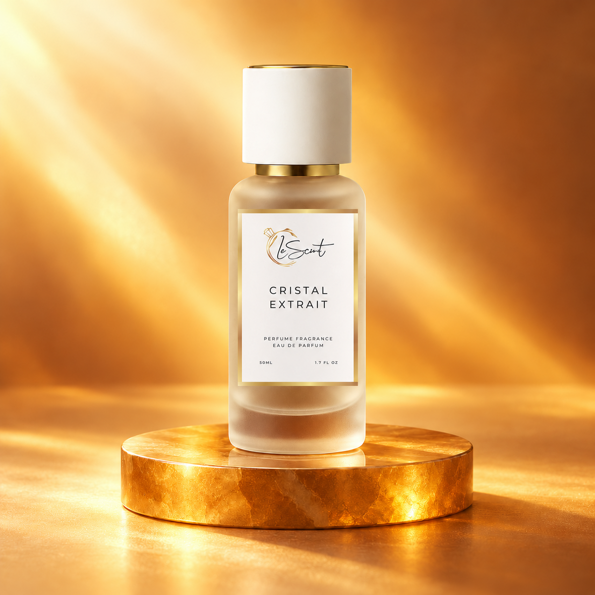 LeScent Cristal Extrait Eau de Parfum 50ml on a gold plinth in warm saffron light, inspired by Matiere Premiere Crystal Saffron.