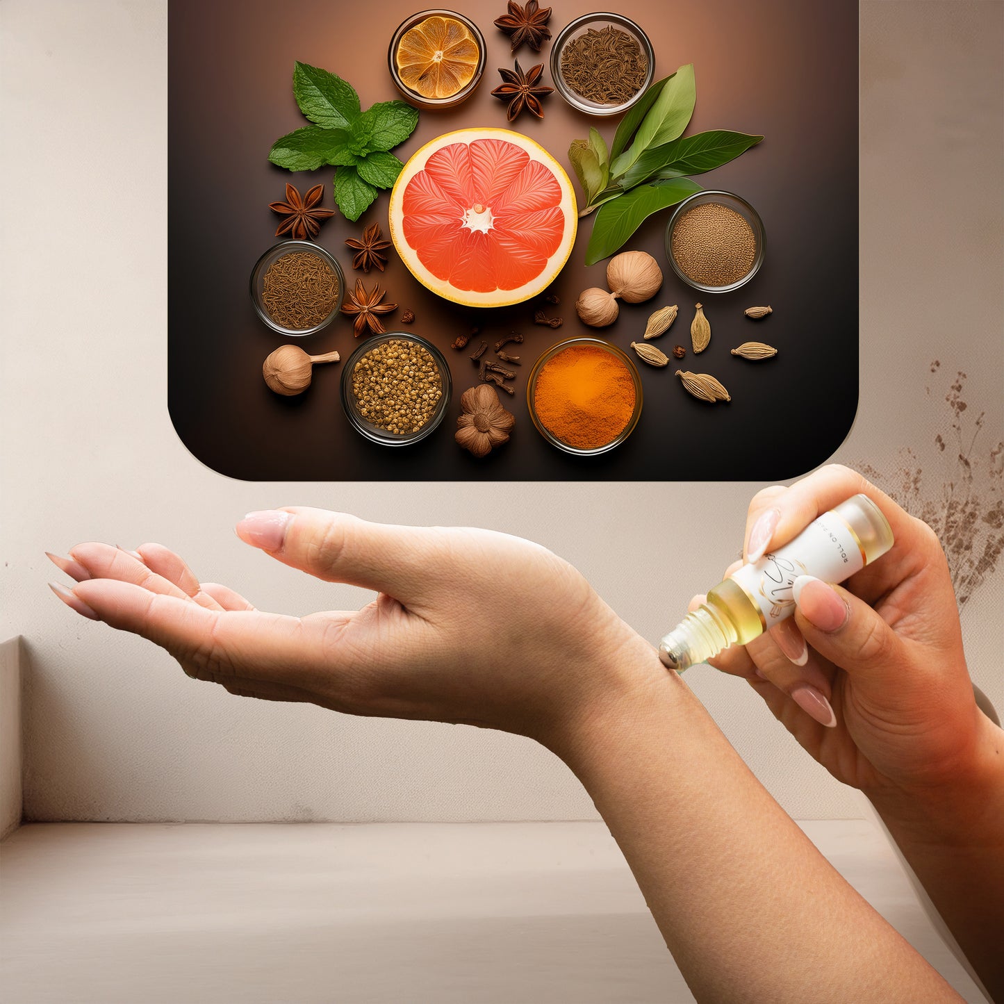 Applying LeScent One & Only roll-on perfume oil beside grapefruit, mint leaves, and spice bowls of cardamom, turmeric, and nutmeg, inspired by Dolce & Gabbana The One.