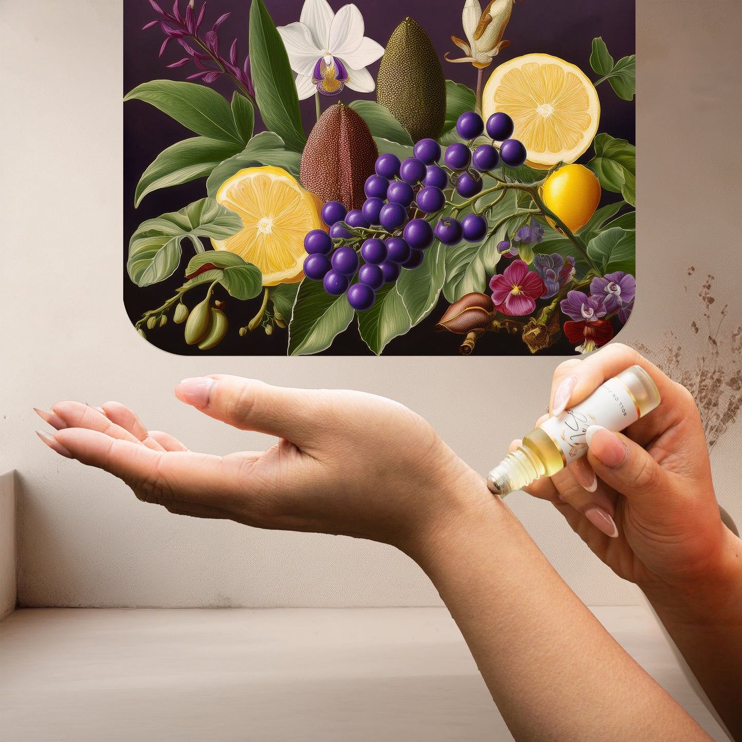 Applying LeScent Orchid Noir perfume oil roll-on inspired by Tom Ford Black Orchid — figs, orchids, citrus and dark florals.