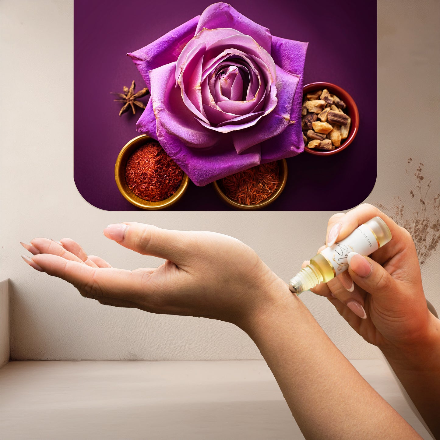 Applying LeScent Roses Are Red perfume oil roll-on inspired by Louis Vuitton Les Sables Roses — luxurious rose, oud and amber scent with sensual floral warmth.