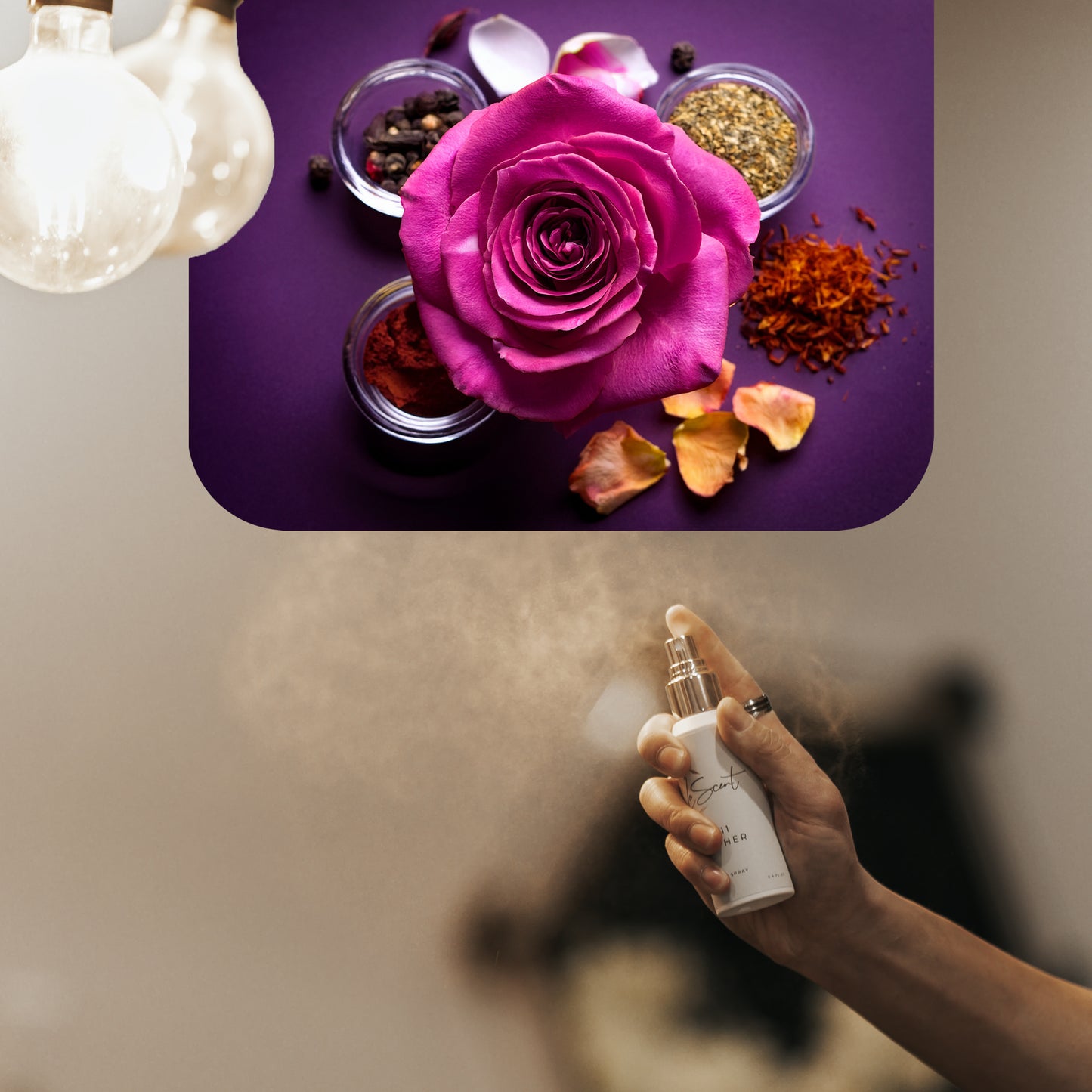Spraying LeScent Roses Are Red room spray inspired by Louis Vuitton Les Sables Roses — luxurious home fragrance freshener mist with rose, oud and amber aroma.