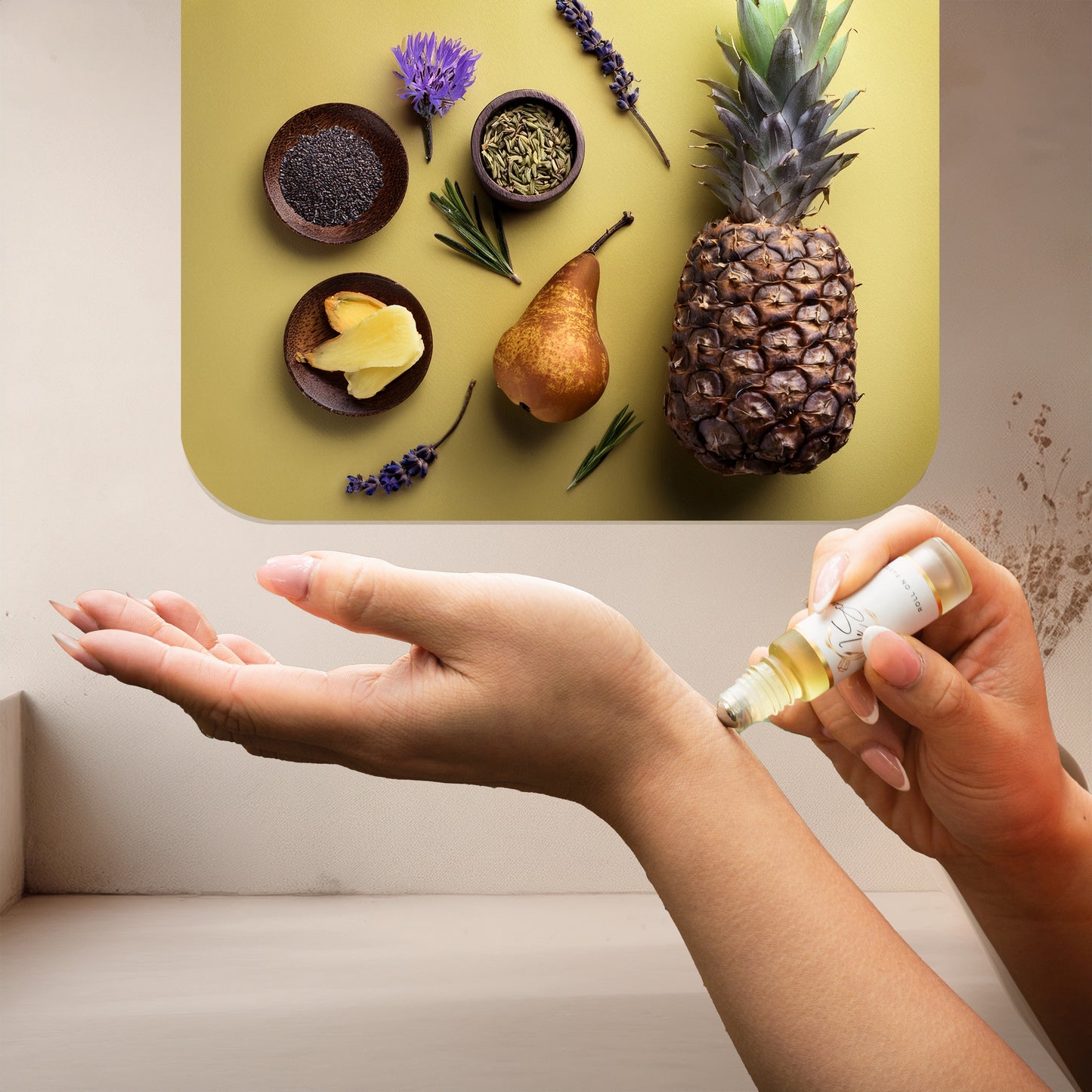 Applying LeScent SER perfume oil roll-on inspired by Givenchy Gentleman — elegant blend of pineapple, lavender and cardamom creating a refined masculine scent.