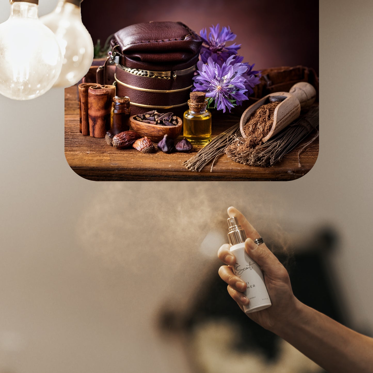 Spraying LeScent Simply Santal home fragrance freshener mist beside bottles of perfume, leather accessories and spices on a wooden table, inspired by Le Labo Santal 33.