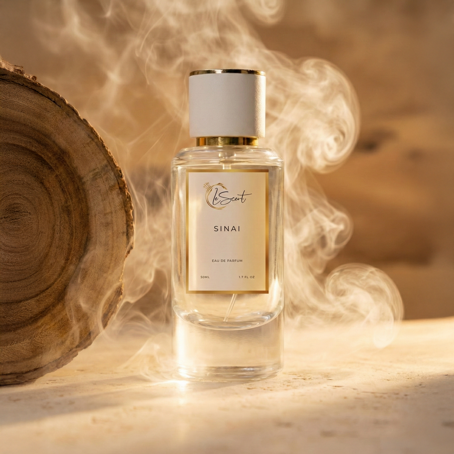 LeScent Sinai inspired perfume bottle with swirling smoke and a wooden backdrop in warm golden lighting. Inspired by D&G Velvet Desert Oud.