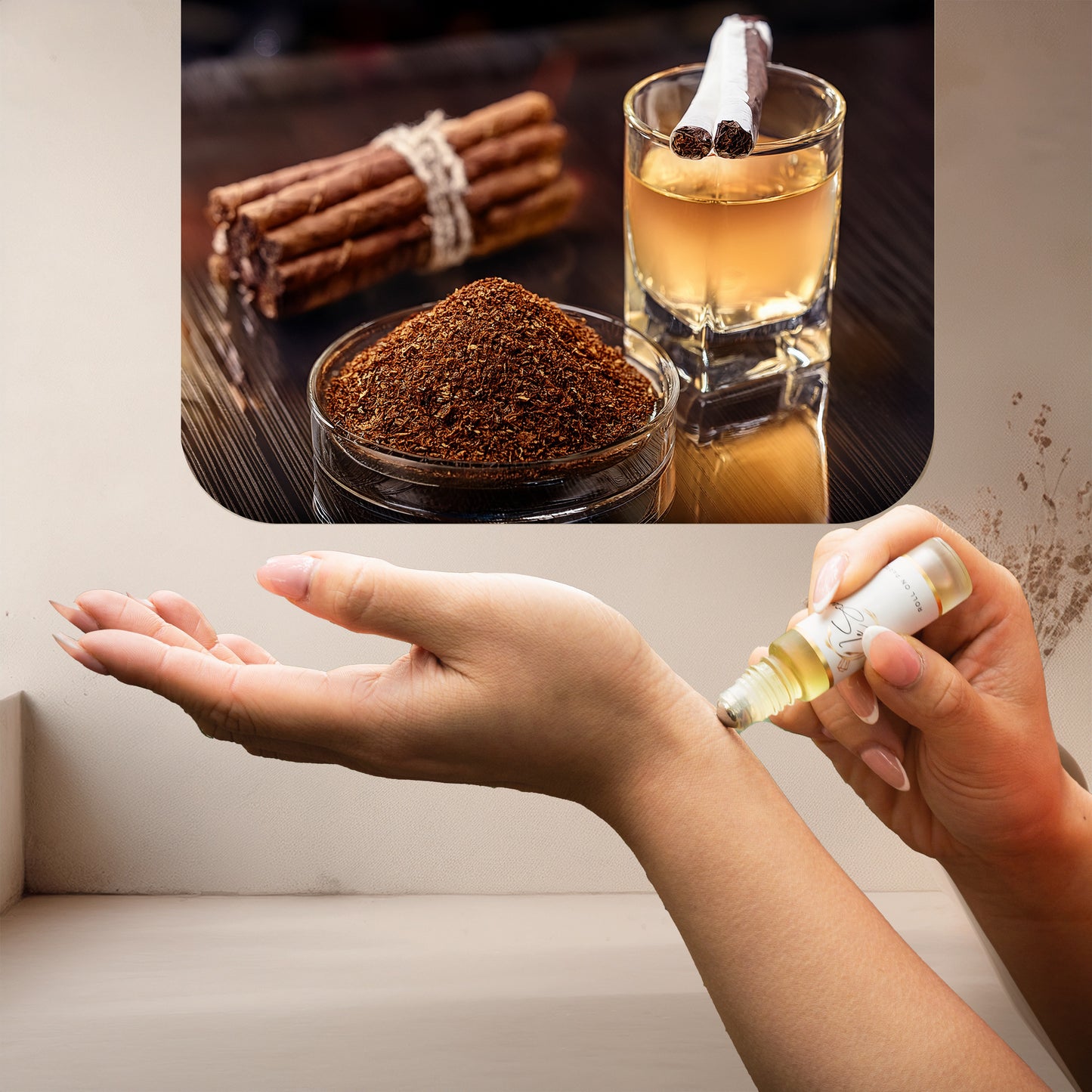 LeScent Spicy Tobacco Roll On Perfume Oil — notes of tobacco leaf, spice, vanilla and tonka bean inspired by Tom Ford Tobacco Vanille for long-lasting warmth.