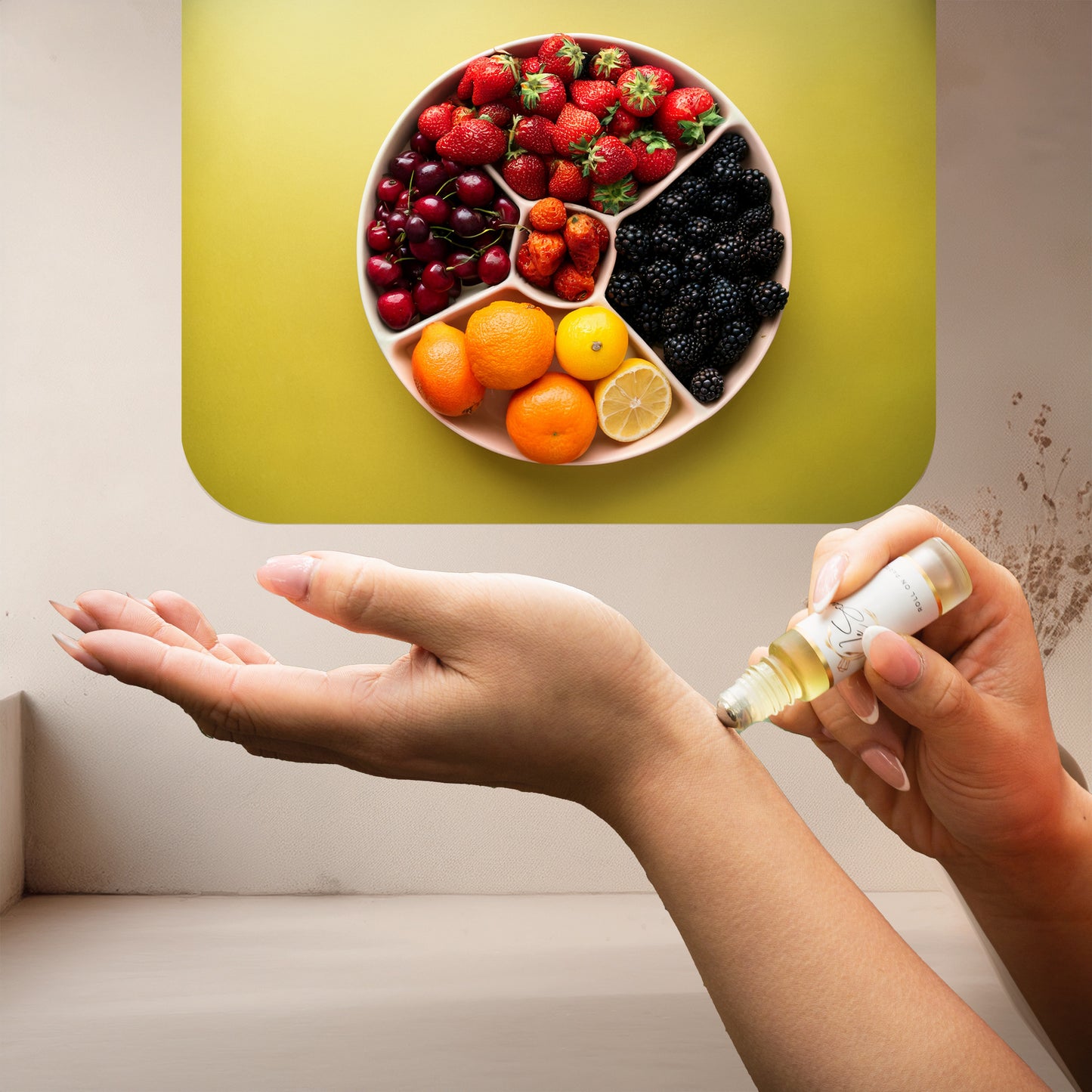 Applying LeScent That Girl perfume oil roll-on inspired by Burberry Her — sweet blend of berries, jasmine and amber creating a warm, alluring aroma.