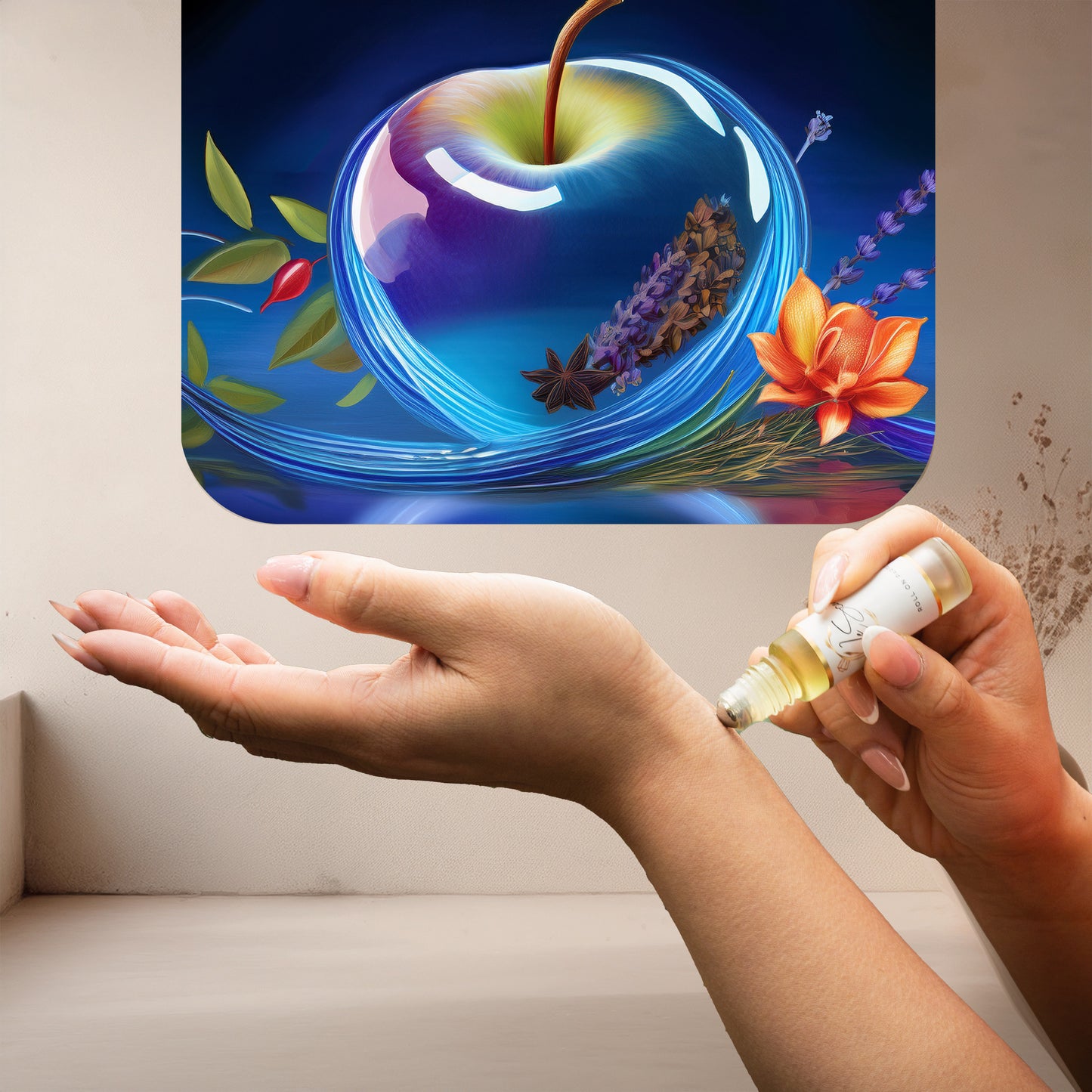 Applying LeScent Vintage roll-on perfume oil surrounded by apple, lavender, star anise, and floral notes in a luminous blue setting, inspired by Parfums de Marly Layton.