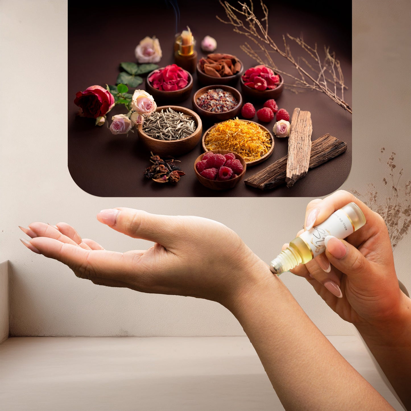 A woman applying LeScent's The Nomad Roll On Parfum to her wrist. An artistic display of the fragrance's core ingredients—oud wood, raspberry, and rose—is shown in the background.