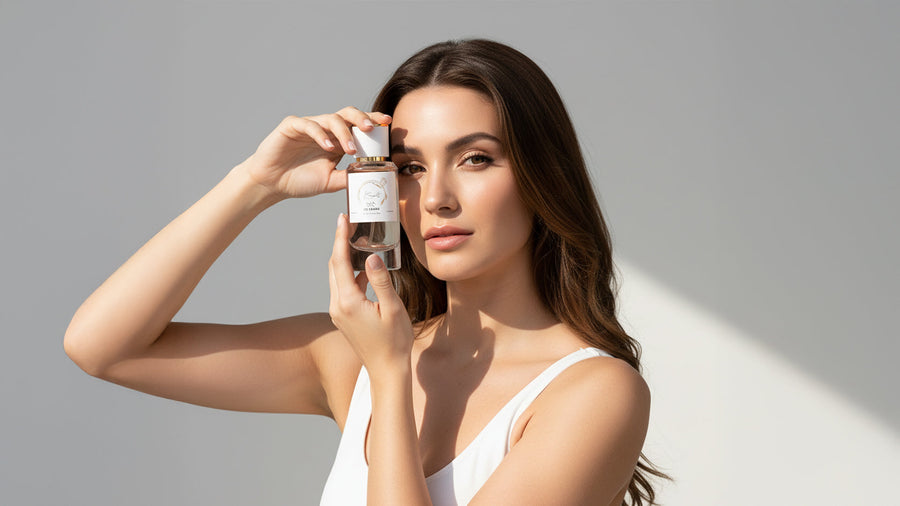 Woman with brown hair holding a LeScent perfume bottle near her face in soft natural sunlight, wearing a white tank top, showcasing radiant skin and a minimal luxury aesthetic against a clean neutral background.