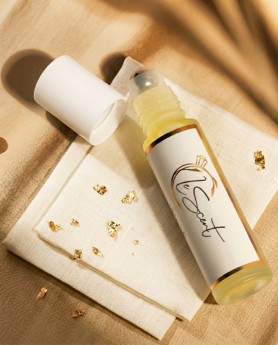 LeScent roll-on perfume oil in a golden flat lay product photo with white cap, folded fabric, and gold foil accents.