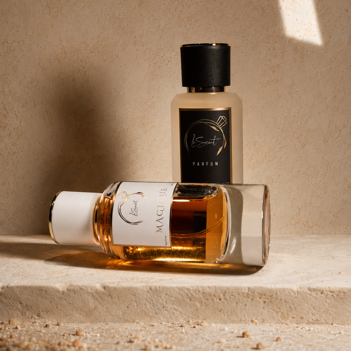 LeScent Magique perfume bottle with black label fragrance bottle in warm editorial sunlight