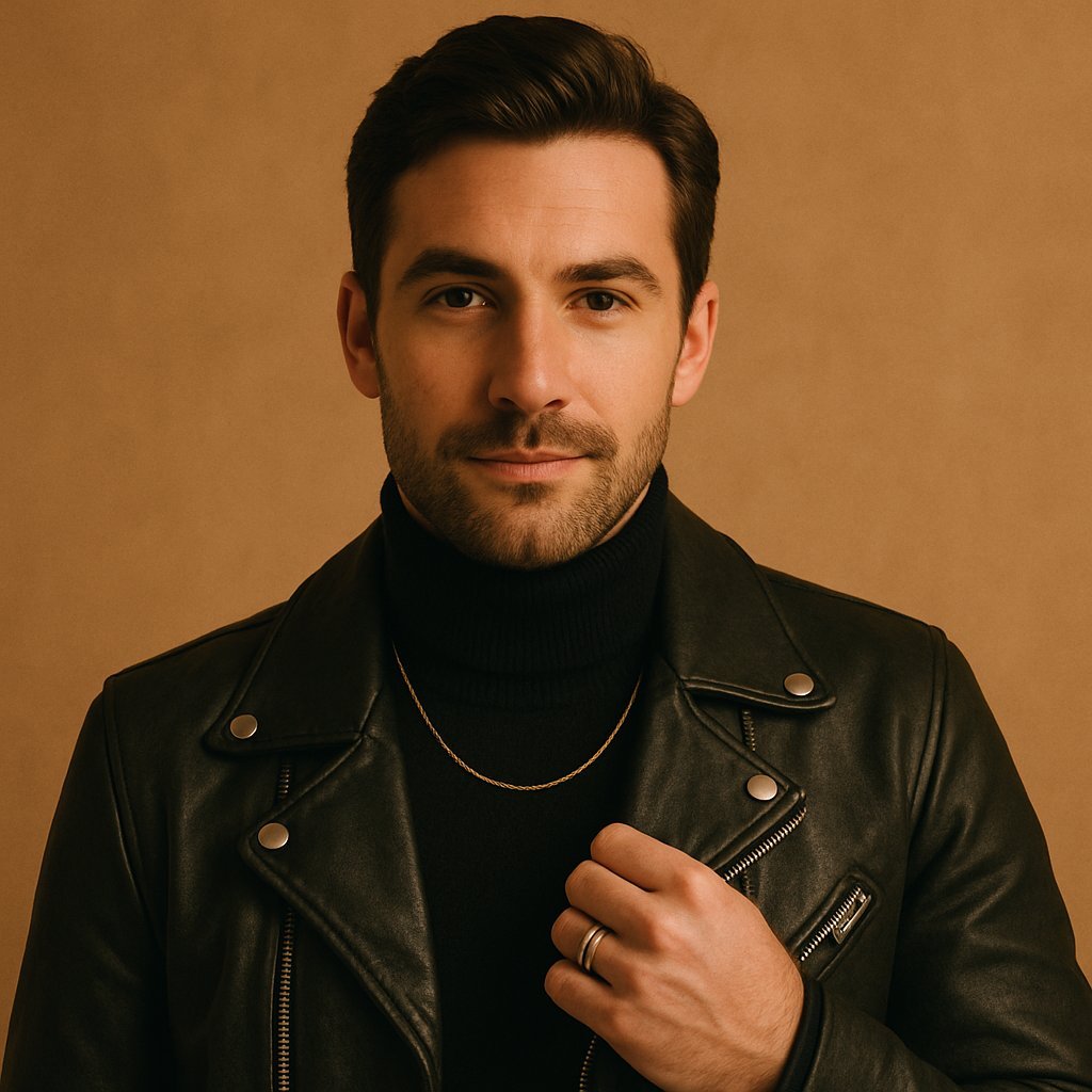 Portrait of a man in a black turtleneck and leather jacket with a confident expression, representing LeScent’s Men’s Fragrance Collection.