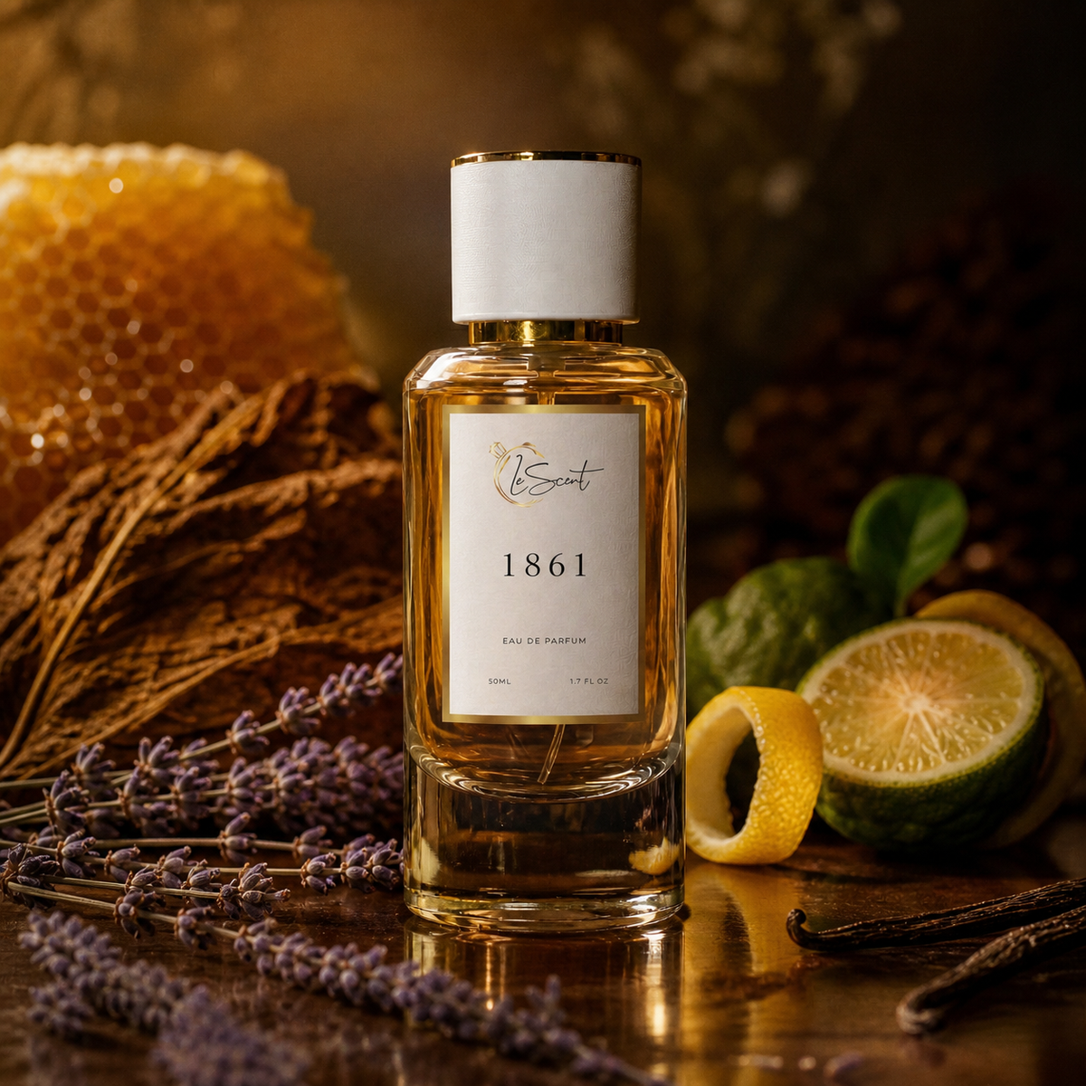 A bottle of 1861 Eau de Parfum by LeScent, styled with honeycomb, dried lavender, vanilla beans, and sliced citrus on a wooden surface.
