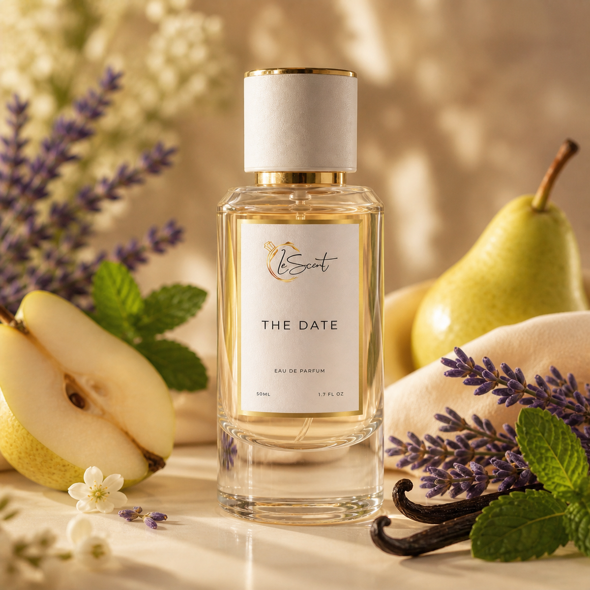 A clear glass perfume bottle labeled 'LeScent THE DATE' stands centered on a warm beige surface, surrounded by sliced pears, lavender sprigs, mint leaves, vanilla beans, and a soft cream fabric. The bottle has a white cap with a gold band and a white front label.
