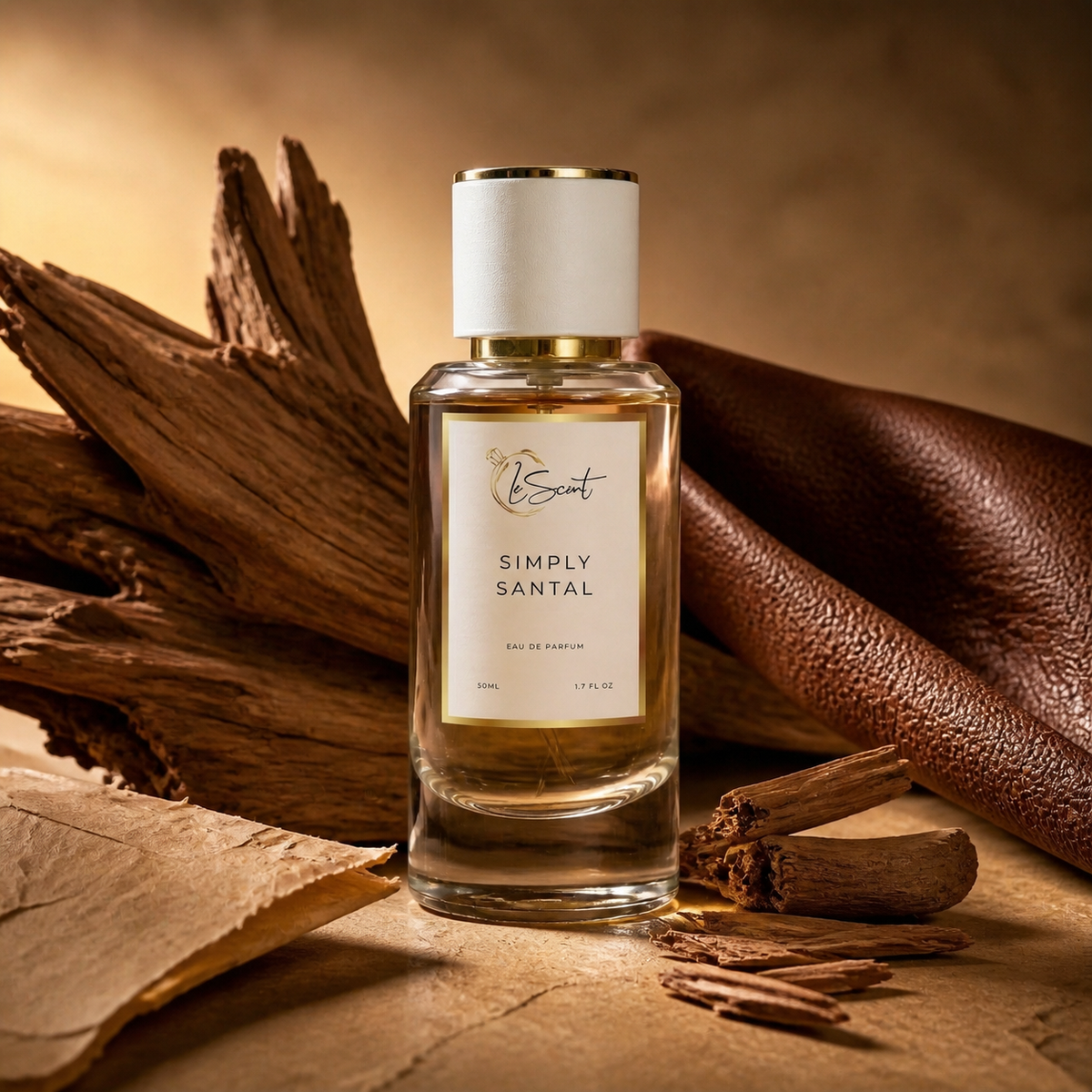 A bottle of Simply Santal Eau de Parfum by the brand LeScent, styled with natural wood, leather, and cinnamon sticks on a rustic background.