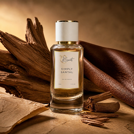 A bottle of Simply Santal Eau de Parfum by the brand LeScent, styled with natural wood, leather, and cinnamon sticks on a rustic background.