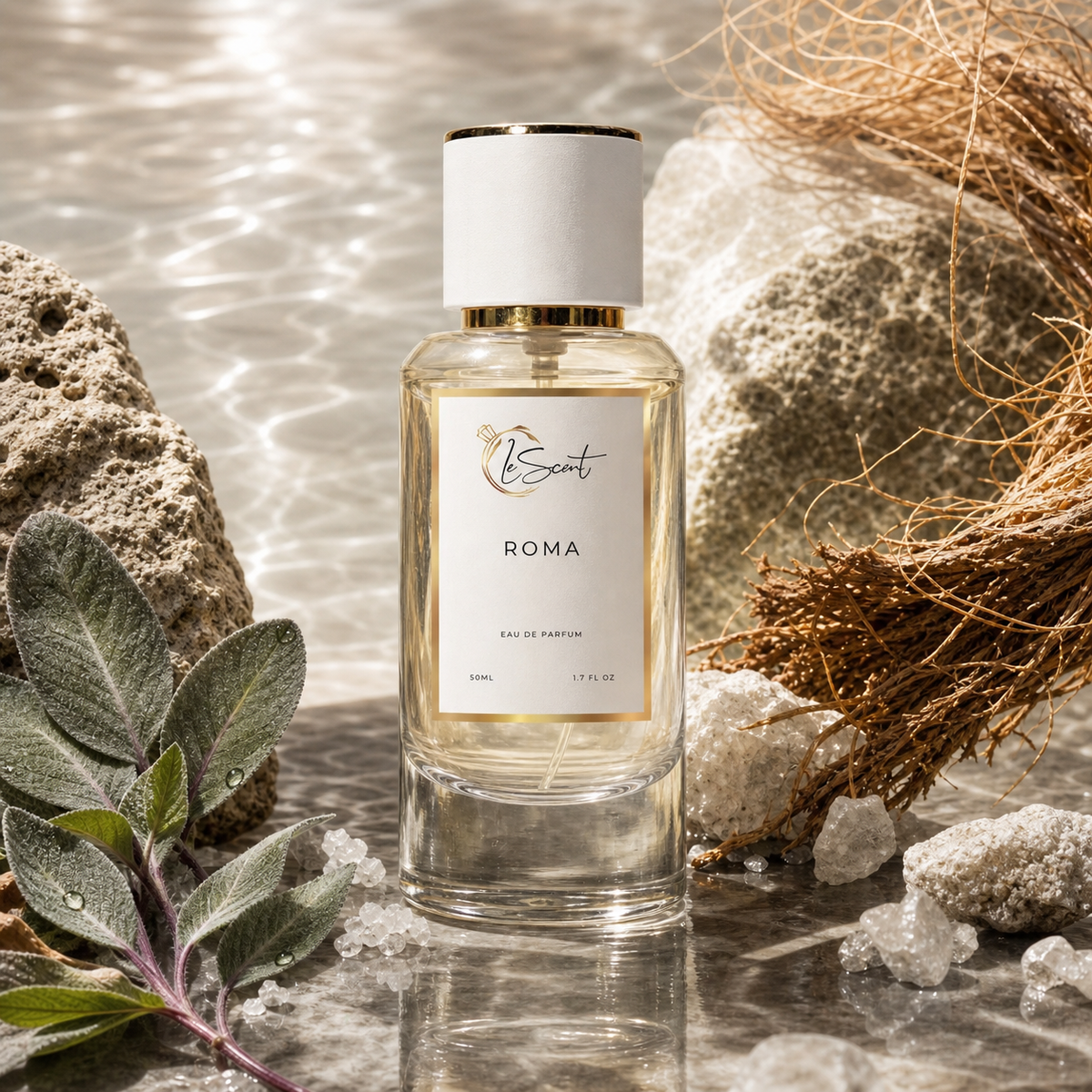 A bottle of LeScent Roma Eau de Parfum is styled on a reflective stone surface with rocks, dried grass, and green leaves, under warm natural light.