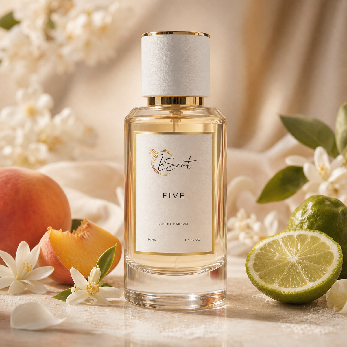 A bottle of LeScent Five Eau de Parfum with a white cap and gold trim, surrounded by fresh citrus, peaches, and white flowers on a draped beige fabric background.