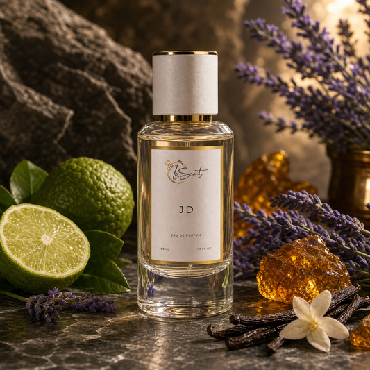 A clear glass perfume bottle with a white cap and a white label reading 'LeScent JD' is styled on a stone surface with limes, lavender sprigs, amber crystals, vanilla beans, and a white flower.