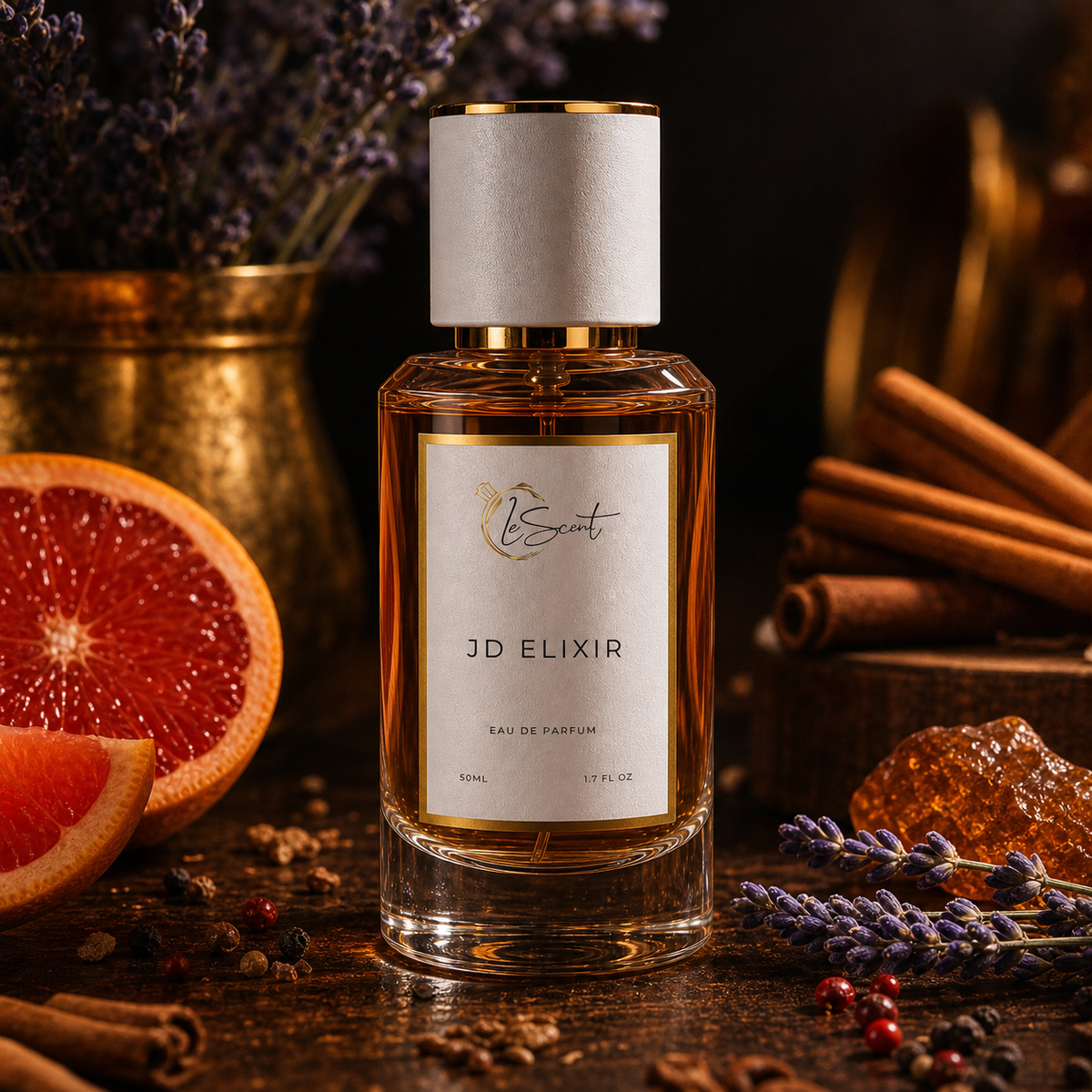 A bottle of JD Elixir Eau de Parfum by the brand LeScent, featuring amber-colored liquid in a clear glass bottle with a white cap and gold trim. The bottle is styled on a rustic wooden surface with cinnamon sticks, lavender, a slice of grapefruit, and amber crystals.