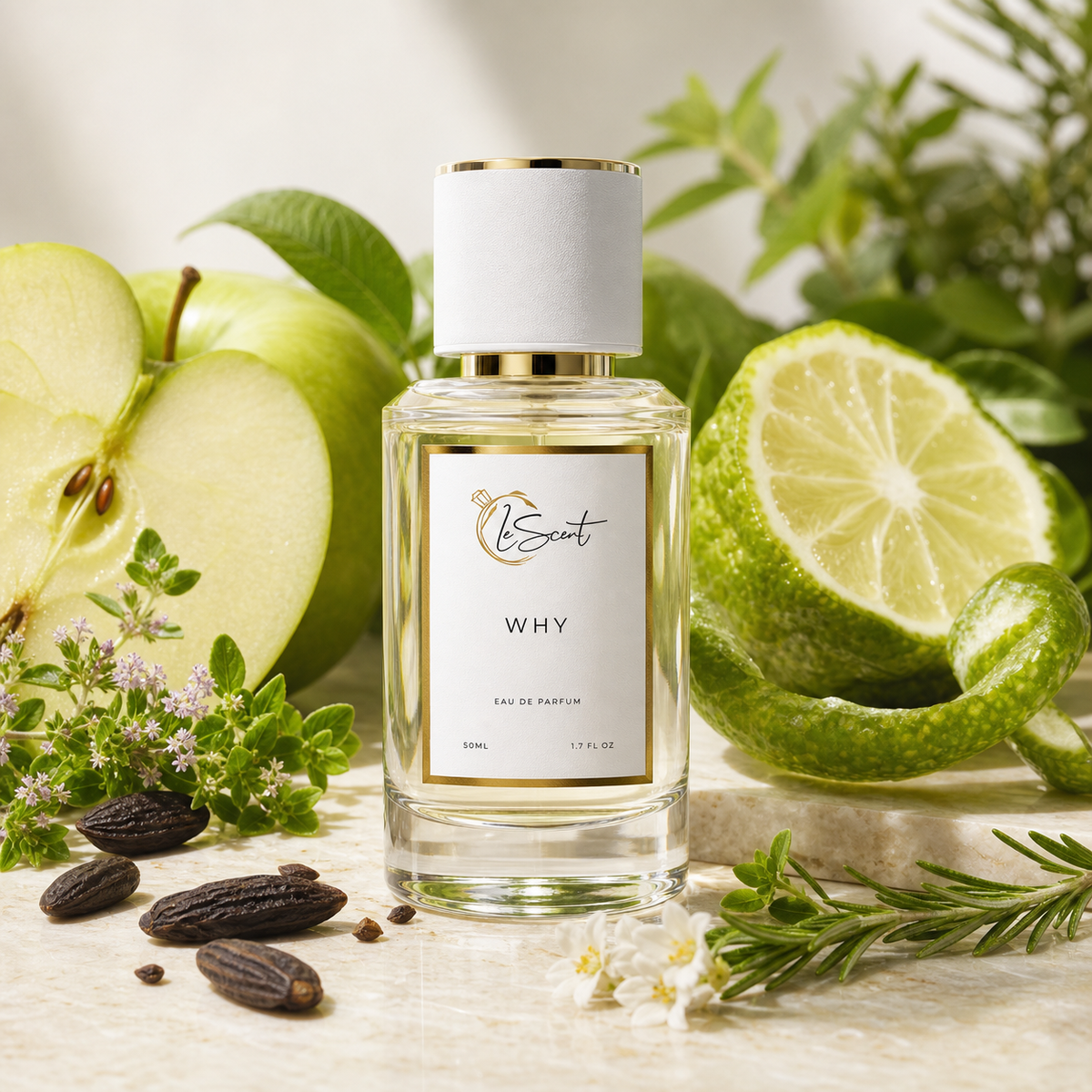 A bottle of LeScent 'WHY' Eau de Parfum centered on a marble surface, surrounded by fresh green apple slices, lime halves, rosemary sprigs, small white flowers, and dark cocoa beans. The clear glass bottle has a white cap with a gold band and a white label with gold detailing.