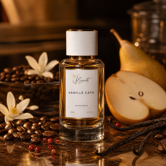 LeScent Vanille Cafe Eau de Parfum 50ml bottle surrounded by roasted coffee beans, vanilla pods, ripe pear, white blossoms and pink peppercorns in a warm café-inspired setting.