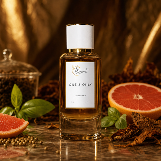 A bottle of One & Only Eau de Parfum by LeScent, styled with grapefruit slices, basil leaves, and dried tobacco on a reflective marble surface.