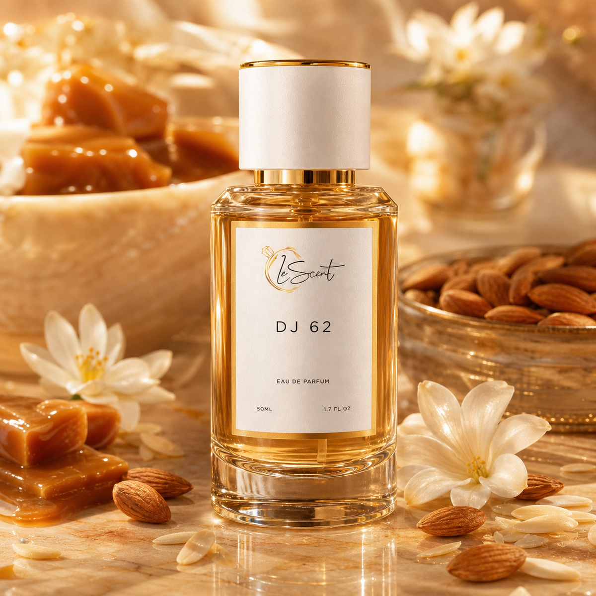 A 50 ml bottle of 'LeScent' brand 'DJ 62' Eau de Parfum, filled with amber liquid, featuring a white cap and label with gold accents. The perfume bottle is beautifully styled on a marble surface with caramel pieces, almonds, and white blossoms, set against a warm, softly blurred background.