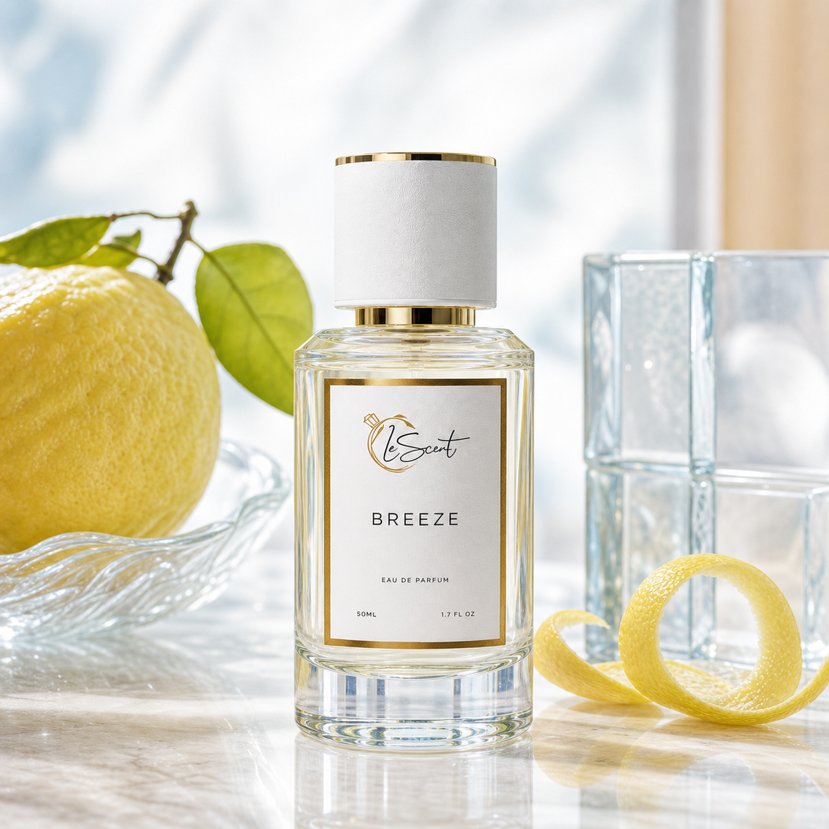 A clear glass perfume bottle labeled 'Breeze' with a white cap and gold trim, styled on a marble surface with a lemon, green leaves, and a glass block in the background.