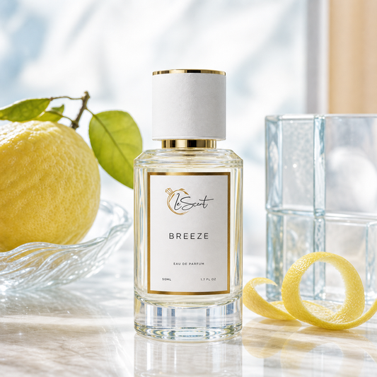 A clear glass perfume bottle labeled 'Breeze' with a white cap and gold trim, styled on a marble surface with a lemon, green leaves, and a glass block in the background.