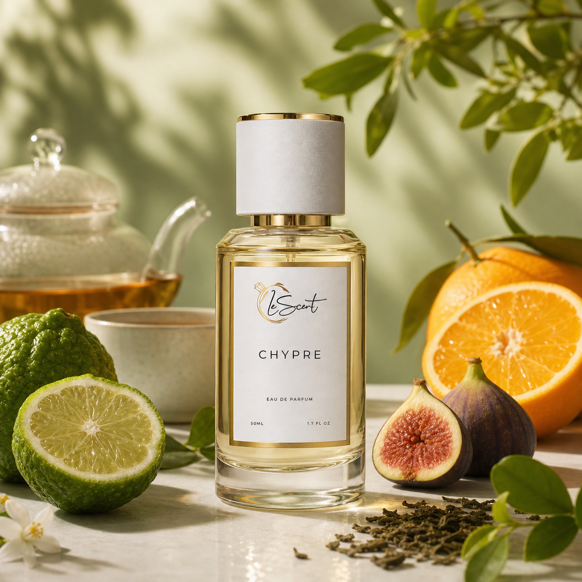 A bottle of Chypre Eau de Parfum by the brand LeScent, styled with citrus fruits, figs, tea leaves, and a teapot on a reflective surface with soft leaf shadows.
