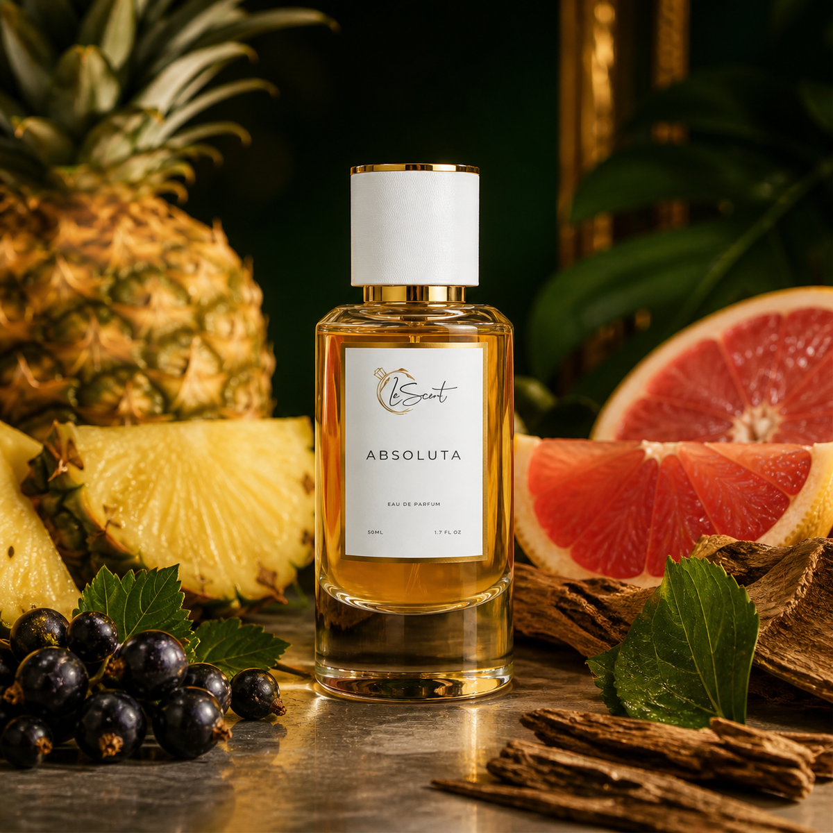 A bottle of Absoluta Eau de Parfum by the brand LeScent, styled with its fruit ingredients including pineapple, grapefruit, blackcurrants, and cinnamon sticks on a reflective metallic surface.