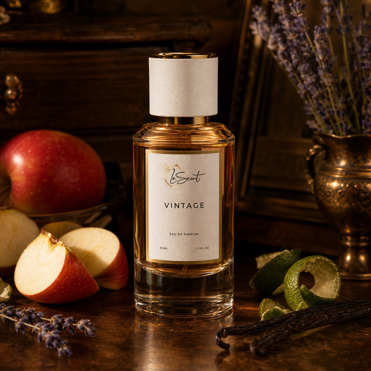 A bottle of LeScent Vintage Eau de Parfum stands on a dark wooden table, surrounded by fresh apple slices, lime wedges, vanilla beans, and lavender sprigs, with a vintage brass vase of lavender in the background.
