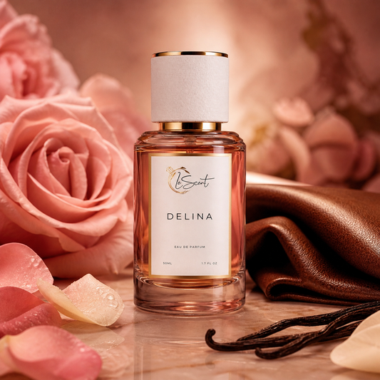 LeScent Delina Eau de Parfum 50ml bottle surrounded by pink roses, rose petals, vanilla pods and rich brown fabric.