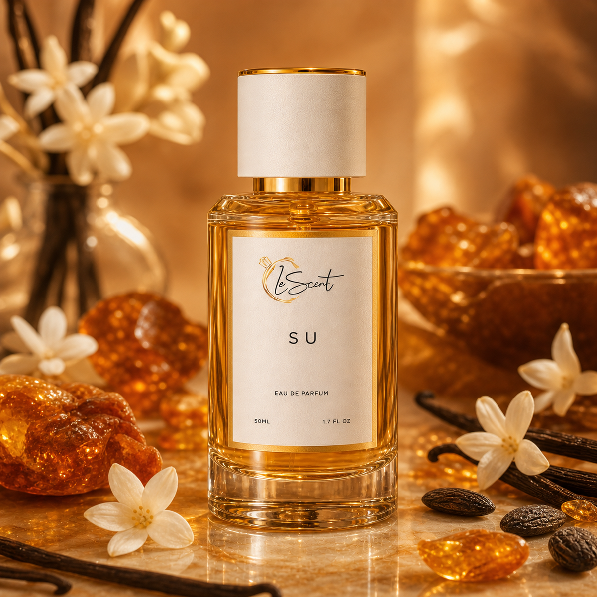 A bottle of LeScent SU Eau de Parfum with amber liquid, a white label, and a gold cap, styled on a reflective gold surface with amber crystals, vanilla beans, and white flowers.