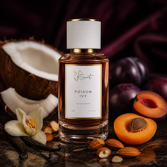 A bottle of LeScent Poison Ivy Eau de Parfum is styled on a dark wooden surface with its scent ingredients, including halved coconuts, plums, apricots, vanilla beans, and almonds, against a dark draped background.